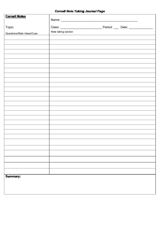 Cornell Note Taking Journal Page Template Printable pdf