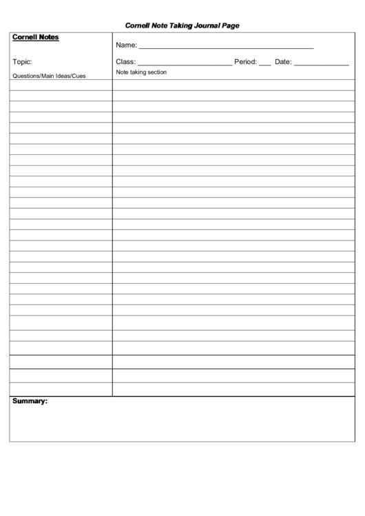 Cornell Note Taking Journal Page Template printable pdf download