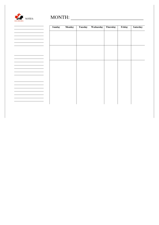 Blank Monthly Calendar Template With Notes Printable pdf