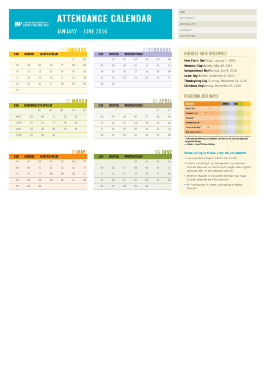 January-June 2016 Attendance Calendar Template Printable pdf