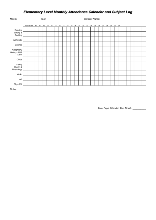 Elementary Level Monthly Attendance Calendar Template And Subject Log Printable pdf