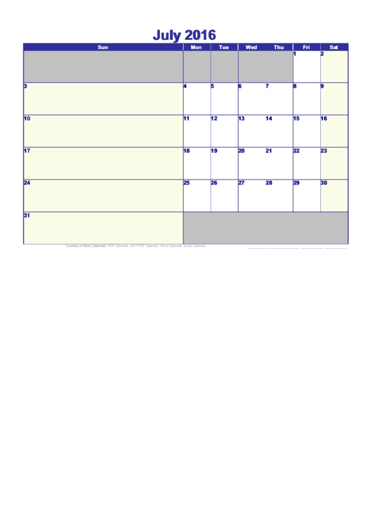 July - 2016 Monthly Calendar Template