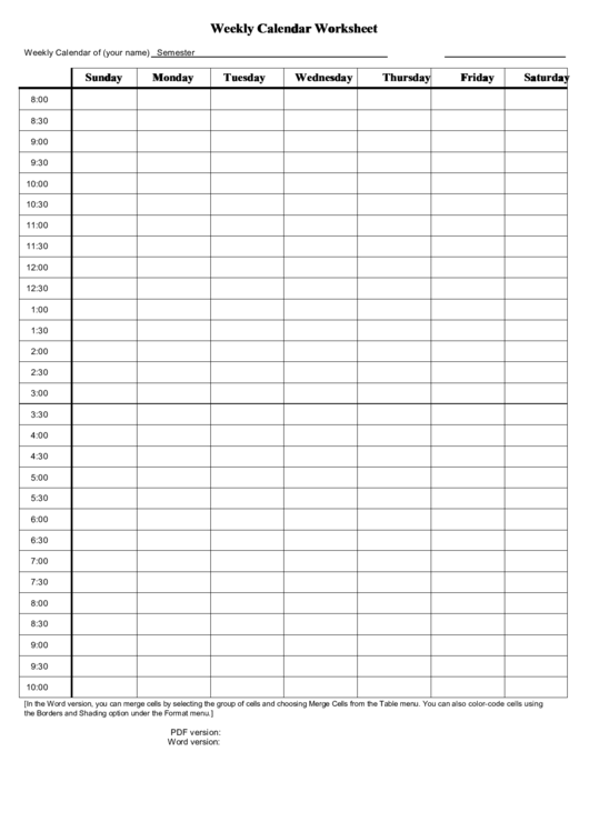 Weekly Calendar Worksheet Template Printable pdf