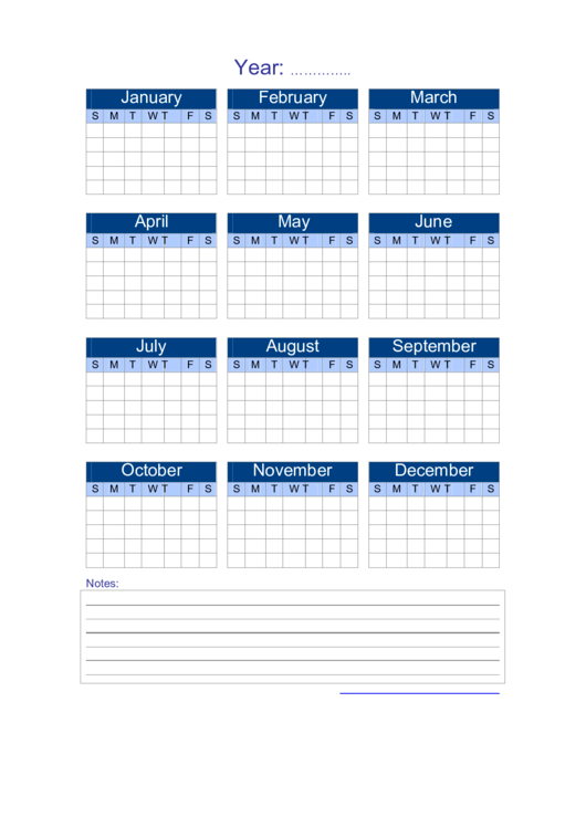 Yearly Calendar Template With Notes Printable pdf