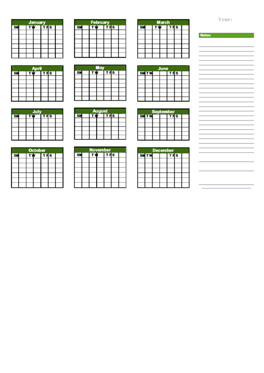 Blank Yearly Calendar Template With Notes