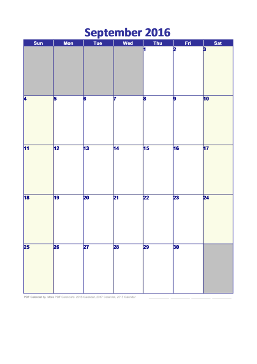 September - 2016 Calendar Template Printable pdf
