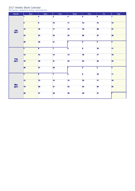 Weekly Blank Calendar Template - 2017 Printable pdf
