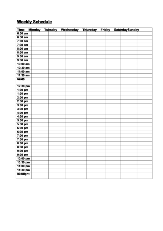 Weekly Time Schedule Planner Template - Monday - Sunday Printable pdf