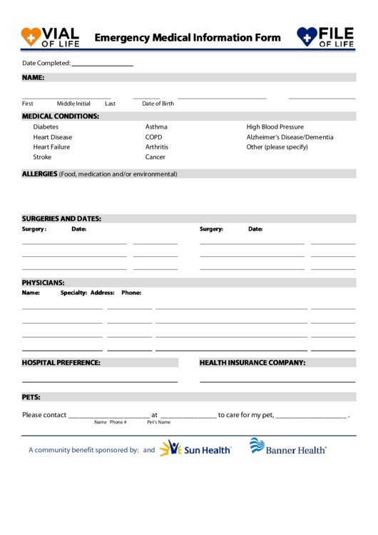 Fillable Emergency Medical Information Form Printable pdf