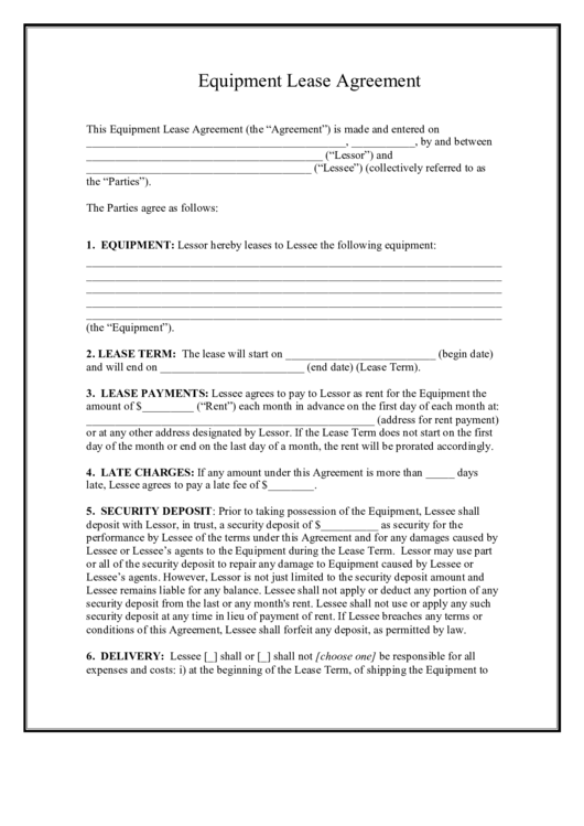 Equipment Lease Agreement Template Printable pdf