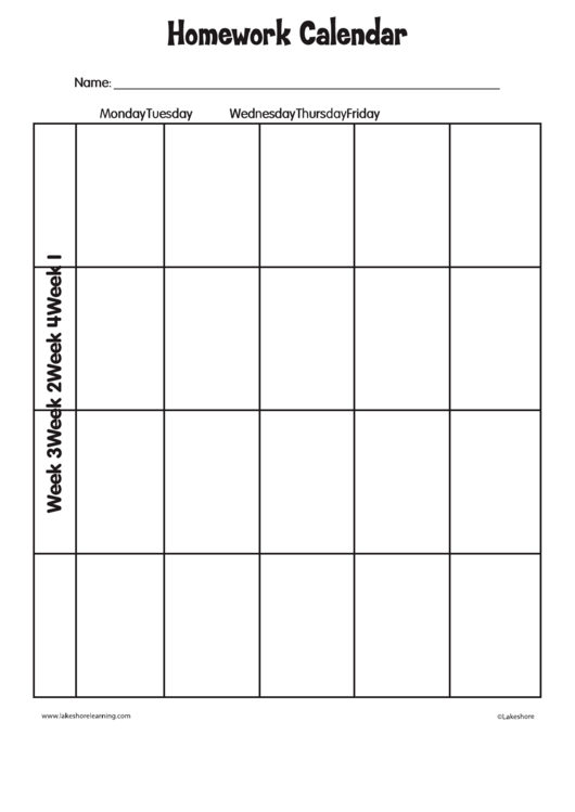 Homework Calendar Template Printable pdf
