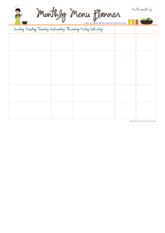 Fillable Monthly Menu Planner Template Printable pdf