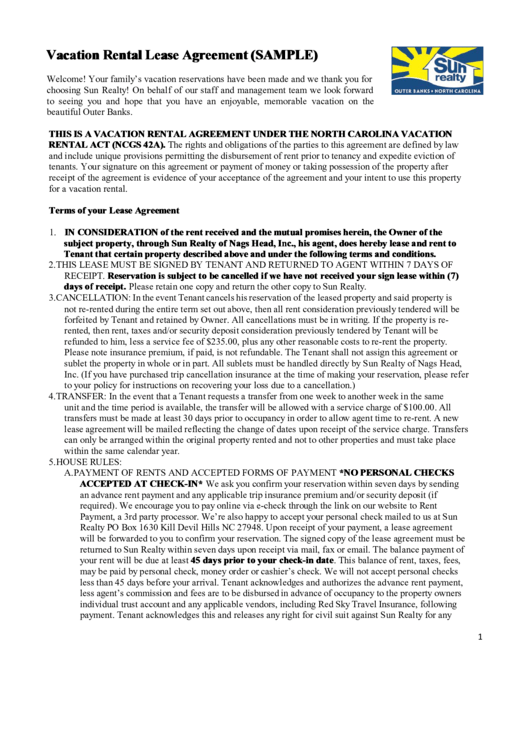 Vacation Rental Lease Agreement (Sample) Printable pdf