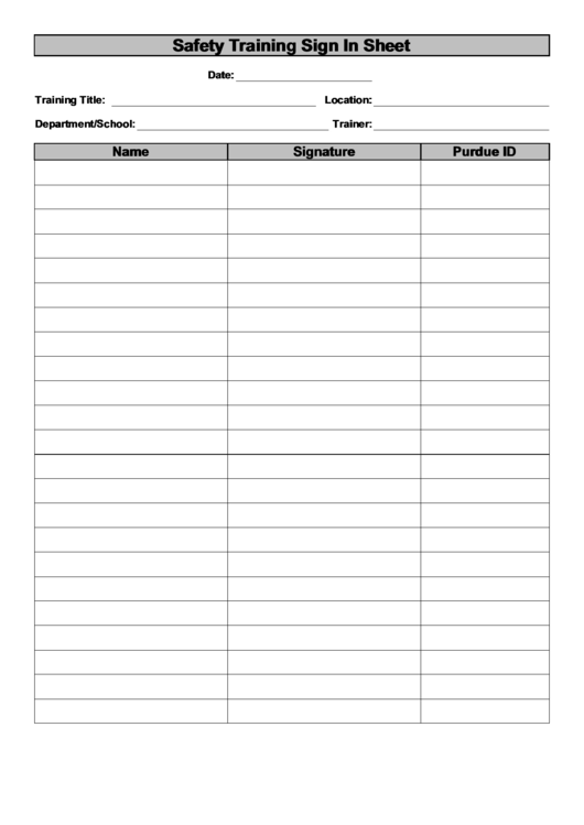 Safety Training Sign In Sheet Template Printable pdf