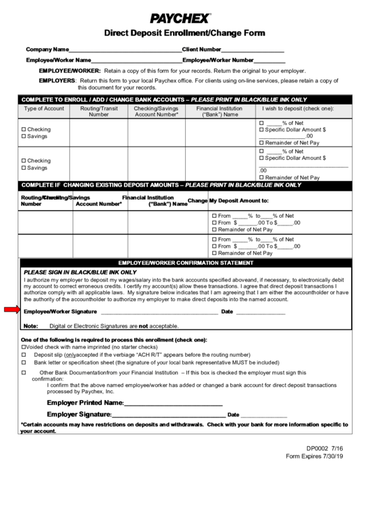 Fillable Paychex Direct Deposit Enrollment/change Form Printable pdf