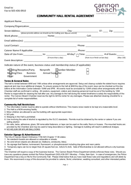 Fillable Community Hall Rental Agreement Form - Cannon Beach Printable pdf