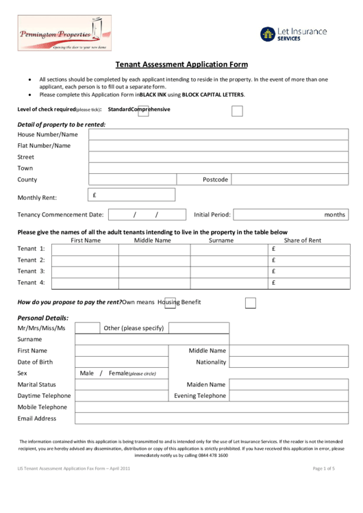 Tenant Assessment Application Form Printable pdf