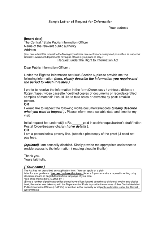 Sample Letter Of Request For Information Template Printable pdf