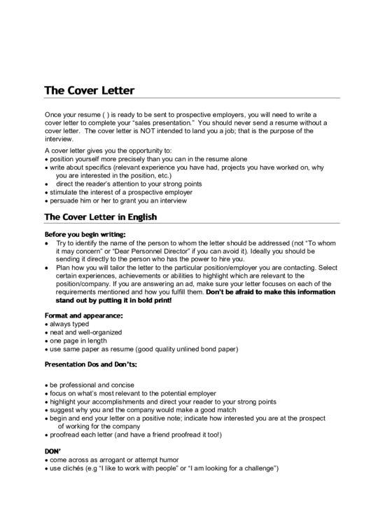 The Cover Letter Printable pdf