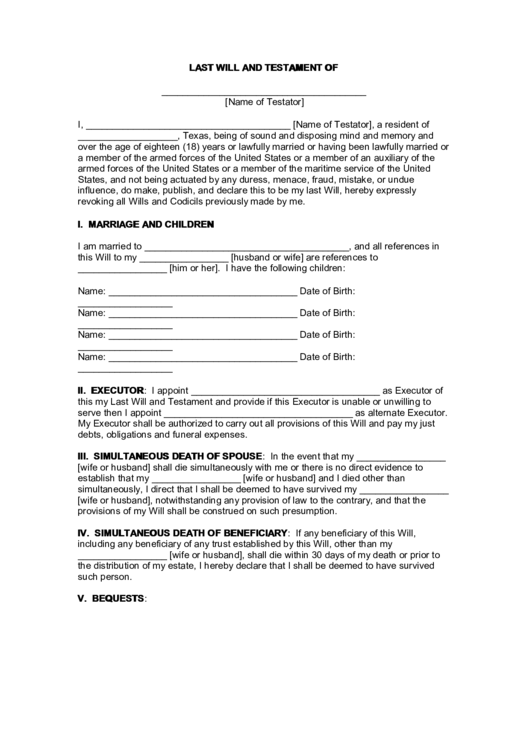 Last Will And Testament Form, Self-Proving Affidavit - The State Of Texas Printable pdf