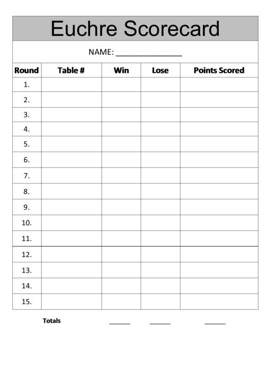 Euchre Scorecard Template One Printable pdf