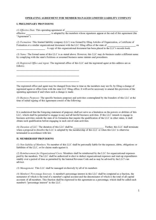 Operating Agreement Template For Member-Managed Limited Liability Company Printable pdf