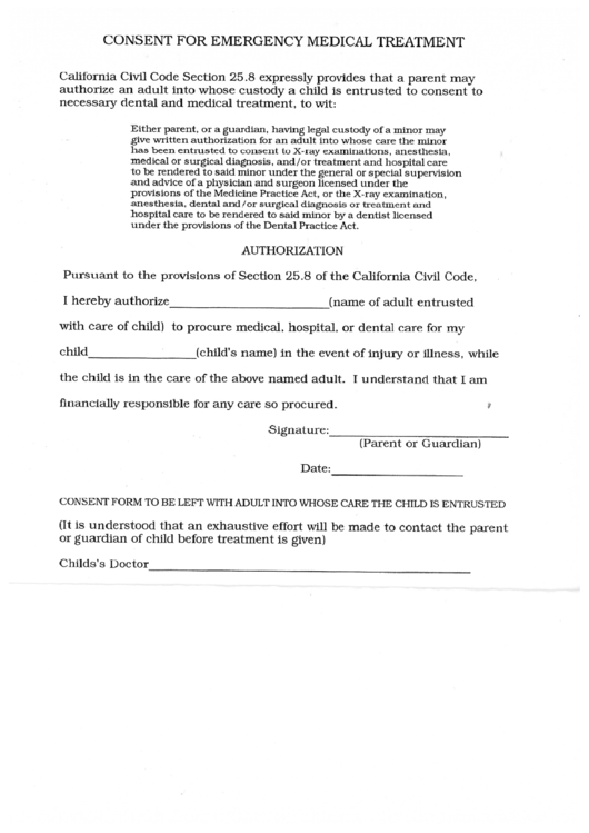 Parental Consent Form For Emergency Medical Treatment Printable pdf
