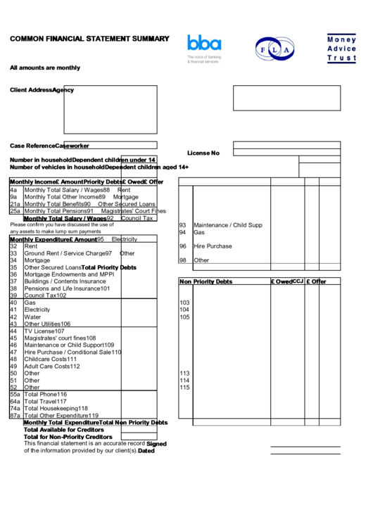 Common Financial Statement Summary Printable pdf