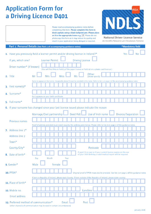 Fillable Form D401 - Application Form For A Driving Licence Printable pdf