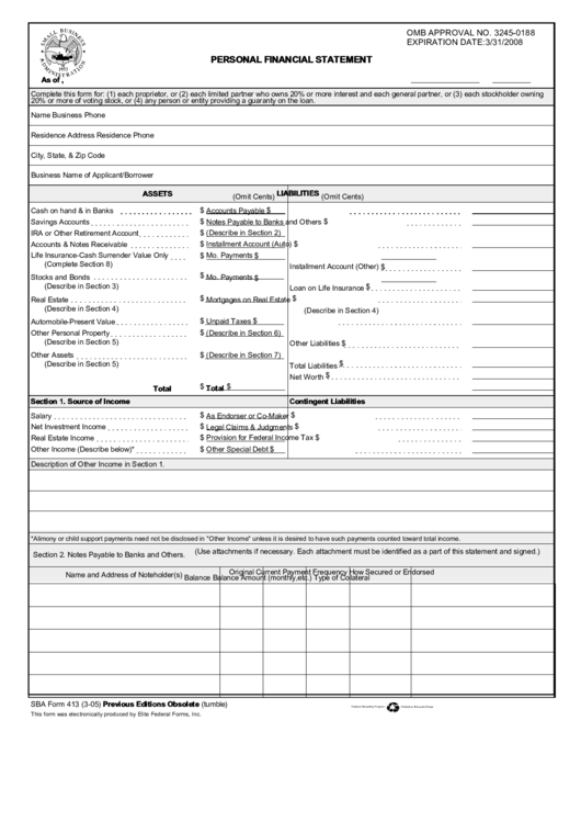Fillable Sba Form 413 - Personal Financial Statement - 2005 Printable pdf
