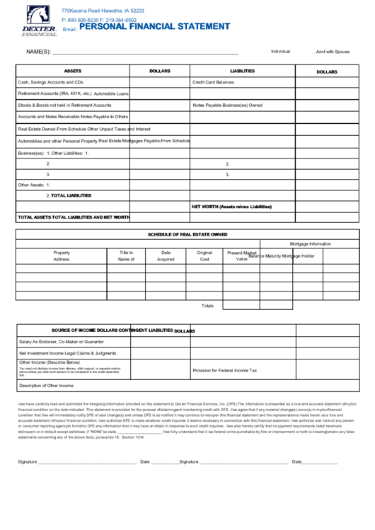 Fillable Personal Financial Statement Printable pdf