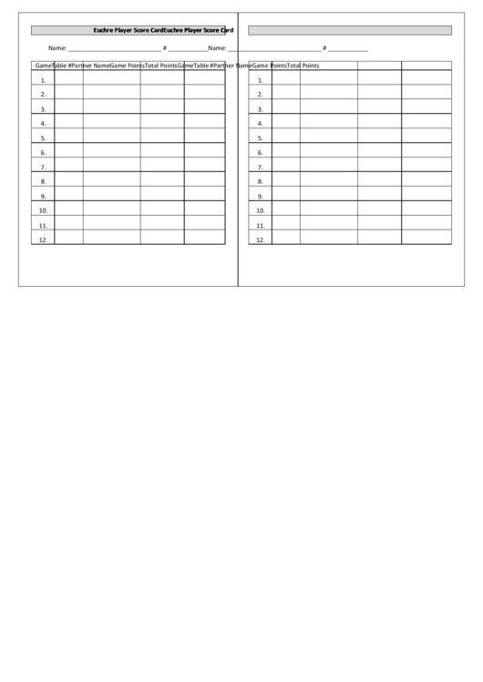 Euchre Player Score Card Printable pdf