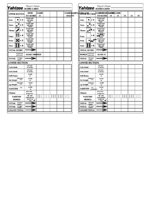 Yahtzee Score Card Printable pdf