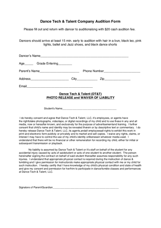Dance Tech & Talent Company Audition Form Printable pdf