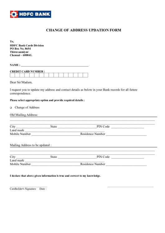 Change Of Address Updation Form Printable pdf