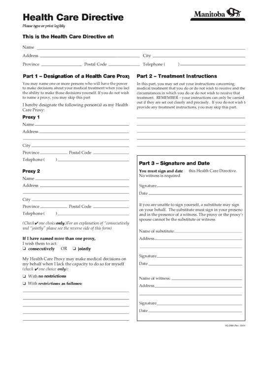 Health Care Directive Form Printable pdf