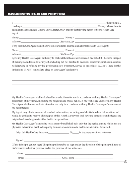 Massachusetts Health Care Proxy Form Printable pdf