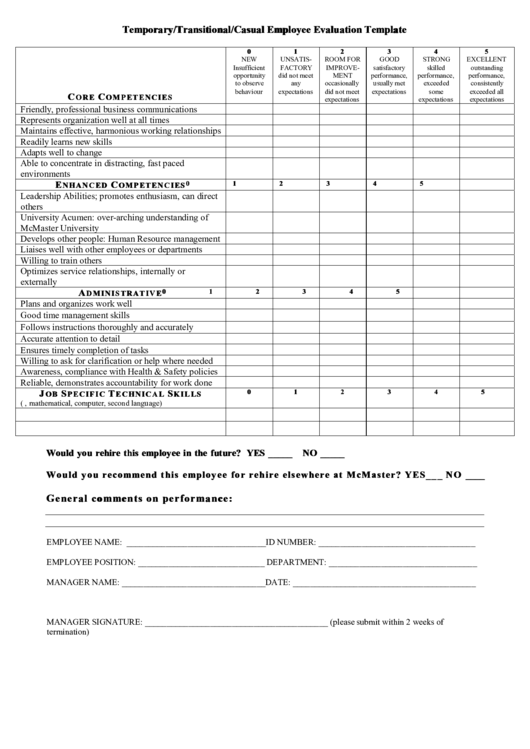Temporary/transitional/casual Employee Evaluation Template Printable pdf