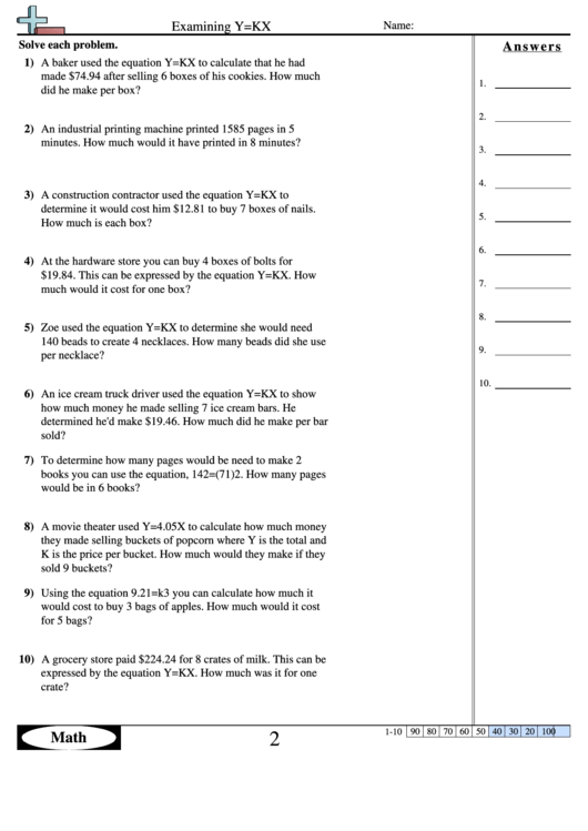 Examining Y = Kx Worksheet With Answer Key Printable pdf