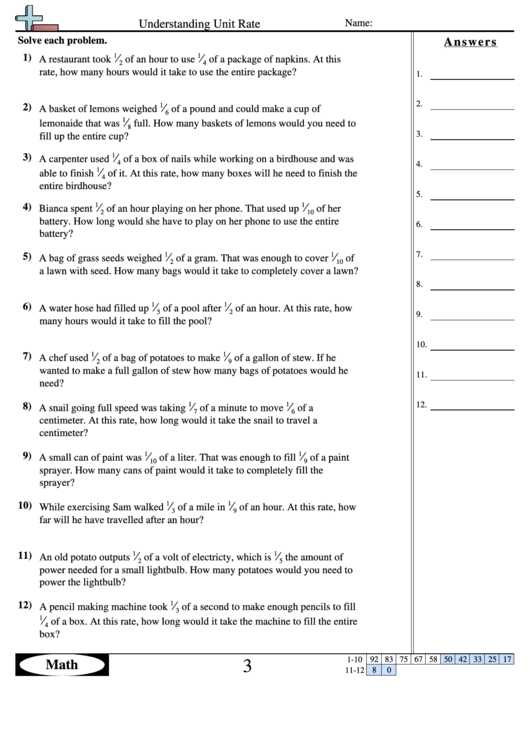 Understanding Unit Rate Worksheet With Answer Key Printable pdf