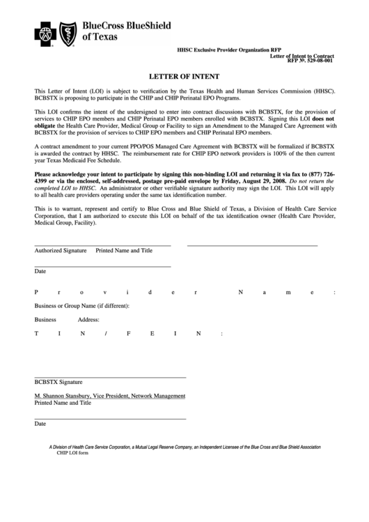 Letter Of Intent Bcbs Form Printable pdf