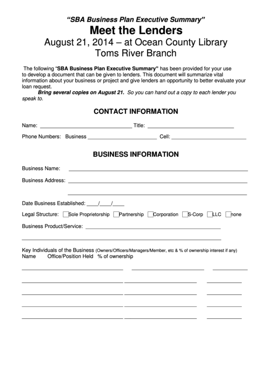 Sba Business Plan Executive Summary Template Printable pdf
