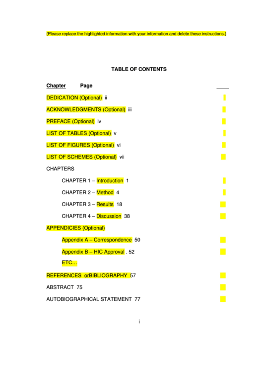 Table Of Contents Template Printable pdf