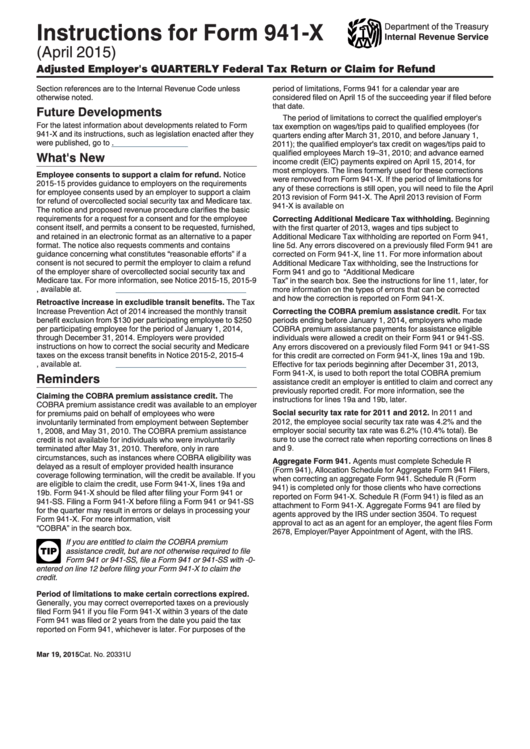 Instructions For Form 941 X Adjusted Employers Quarterly Federal Tax Return Or Claim For 4094