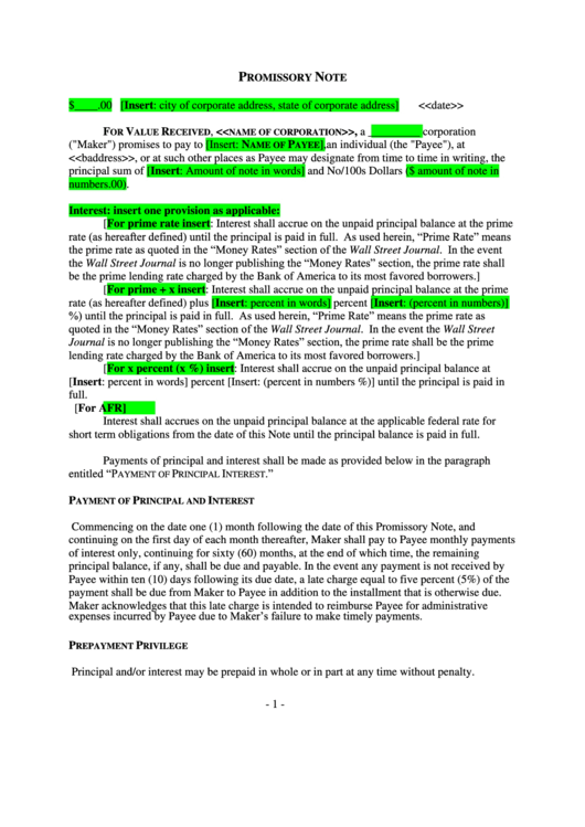 Promissory Note Template Printable pdf