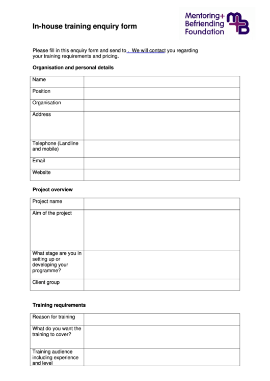 In-House Training Enquiry Form Printable pdf