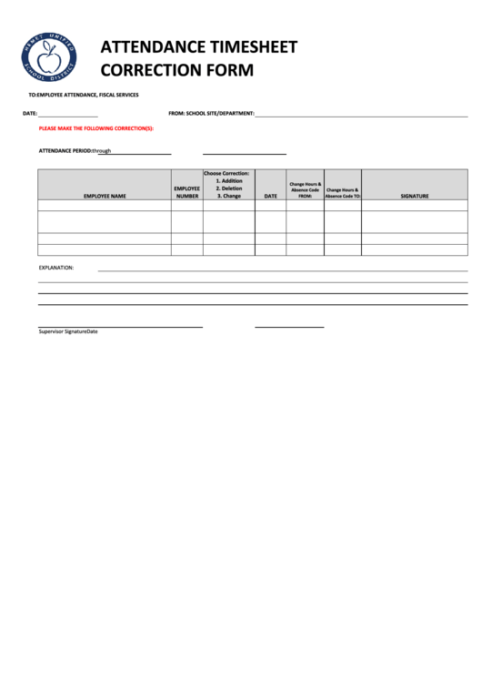 Attendance Timesheet Correction Form printable pdf download