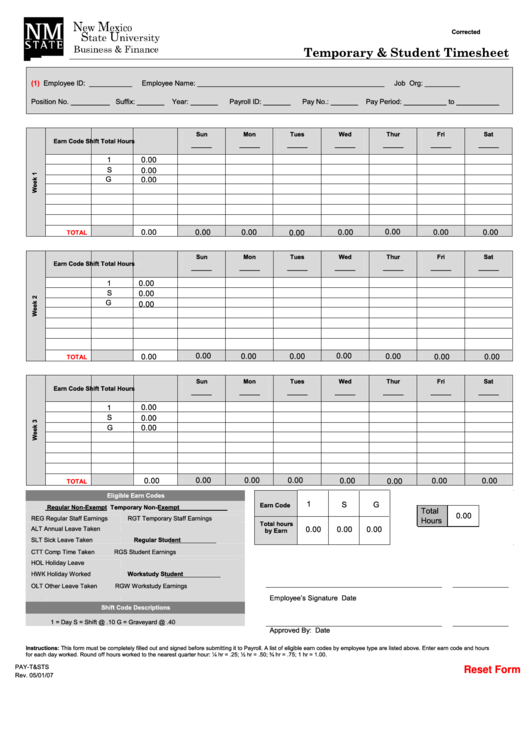 Fillable Temporary & Student Timesheet Template printable pdf download
