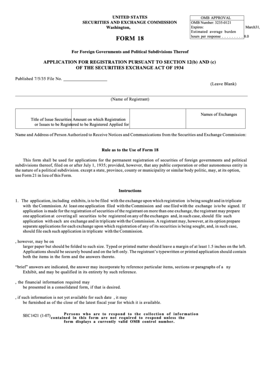 Sec Form 18 Application For Registration Pursuant To Section 12b And C For Foreign Governments And Political Subdivisions Thereof