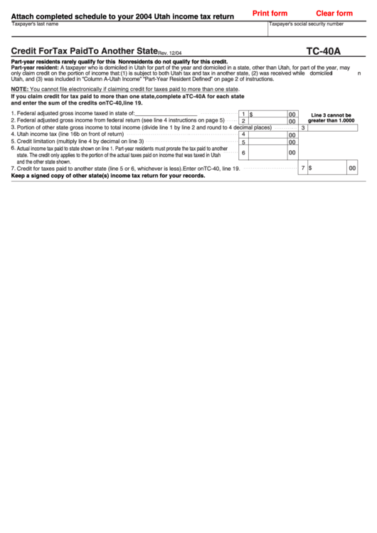 Fillable Form Tc-40a - Credit For Tax Paid To Another State Printable pdf